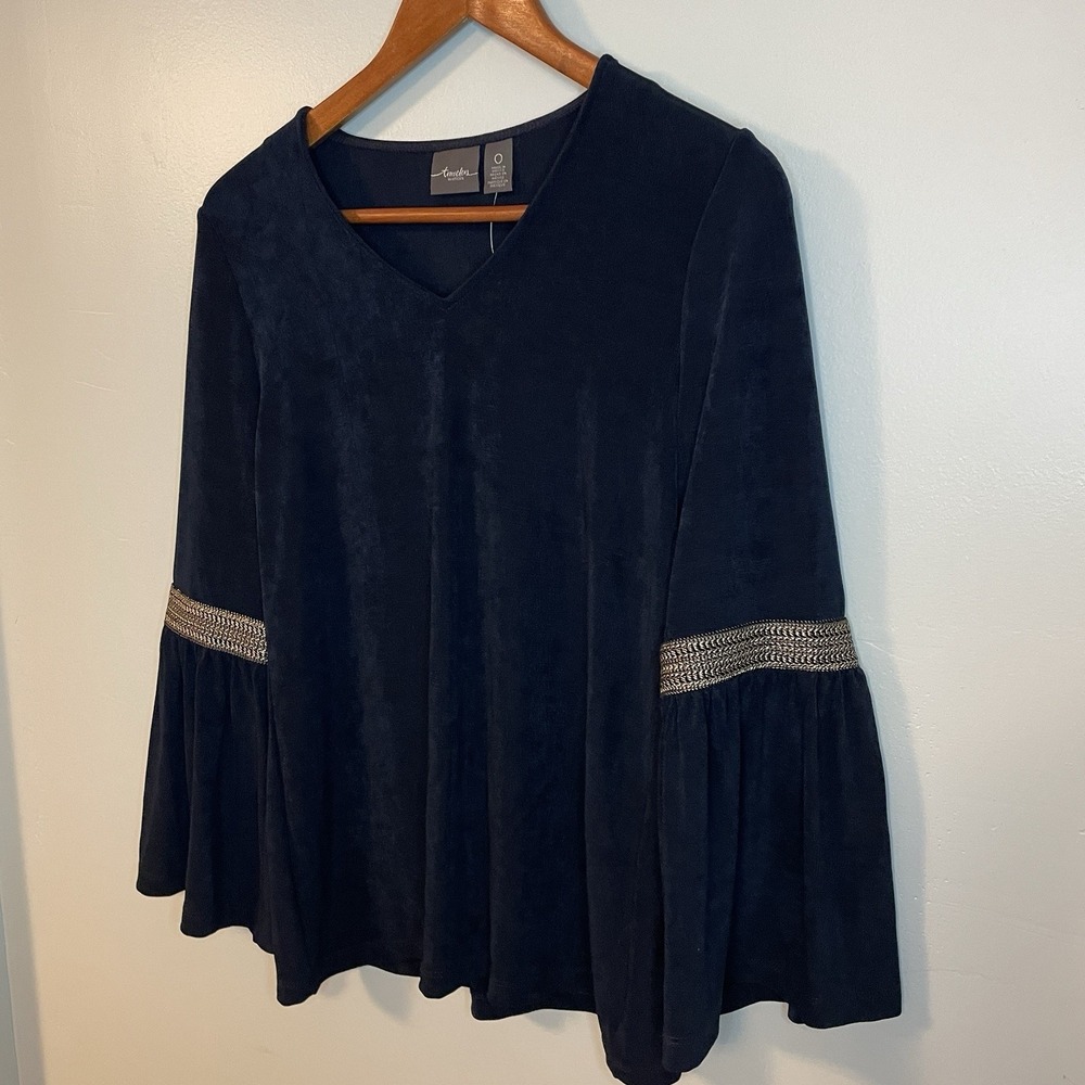NWT Chico's Travelers Collection Bell Sleeve Tunic Blouse Navy Size 0 Small - Picture 2 of 9